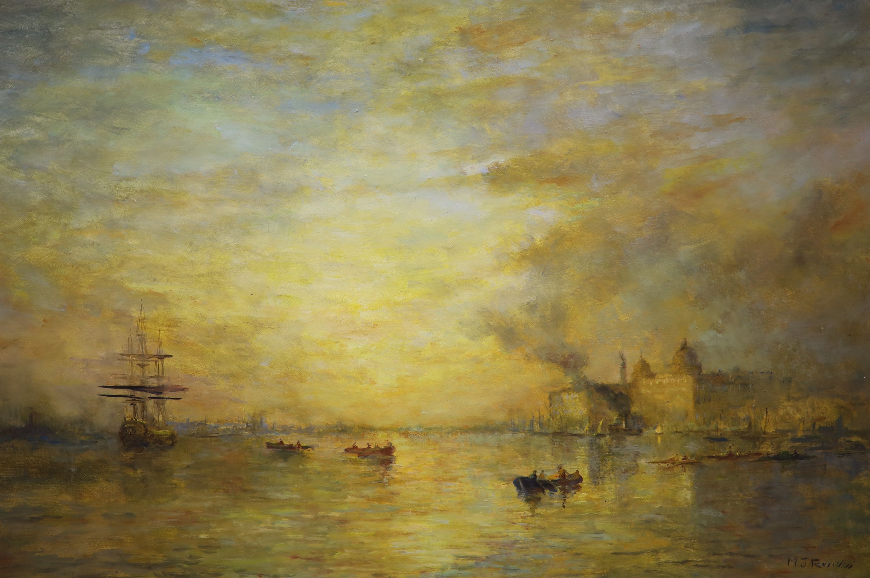 M.J. Rendell, two oils on board, Sunset over Greenwich and Naval action, signed, both 46 x 72cm, frames differ